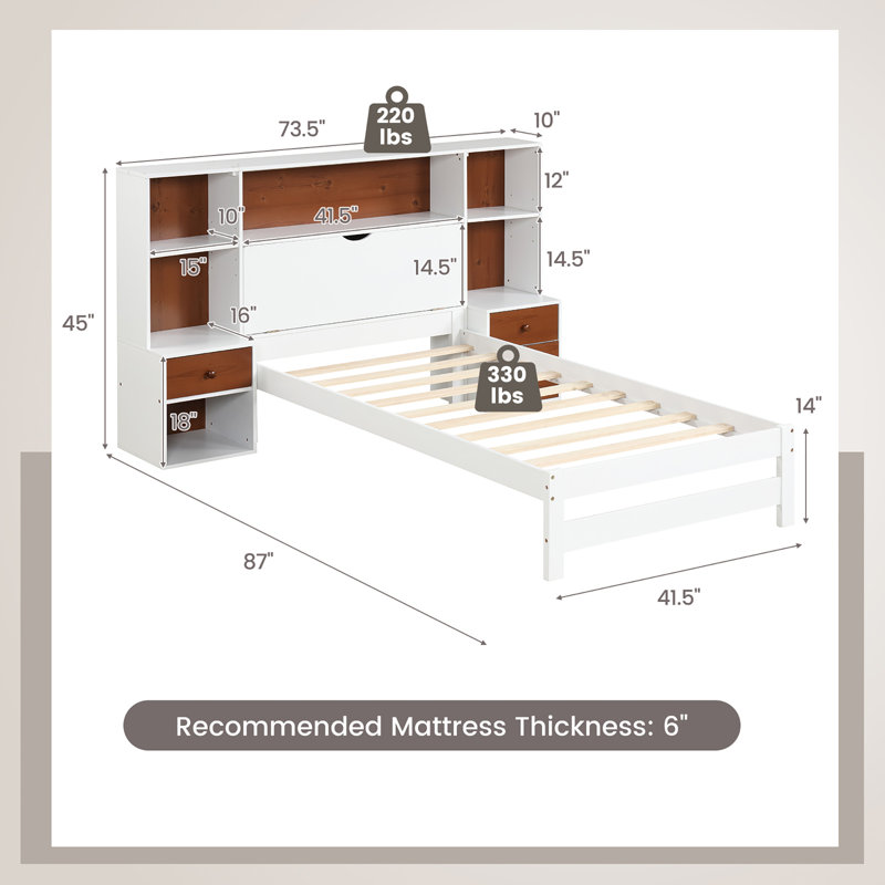 Structure de lit simple avec tête de lit et tables de chevet 7 compartiments et 3 tiroirs Lark Manor ™