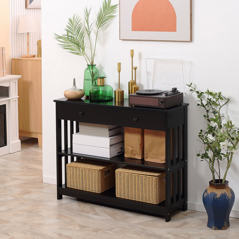 Console de couloir avec tiroir extra large HOMcom, 2 tablettes ouvertes et structure en lattes de bois, Noir