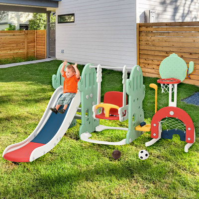 Ensemble de terrain de jeu 7 en 1 multifonctionnel pour enfants - glissade intérieure autoportante extérieure, balançoire réglable, panier de basketball, grimpeur, jeu d'anneaux, soccer, golf - ensemble de jeu Cactus pour enfants de 1 à 3 ans, gris