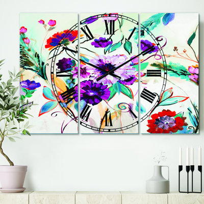 Fleurs de ferme abstraites mauves et rouges - Horloge murale traditionnelle