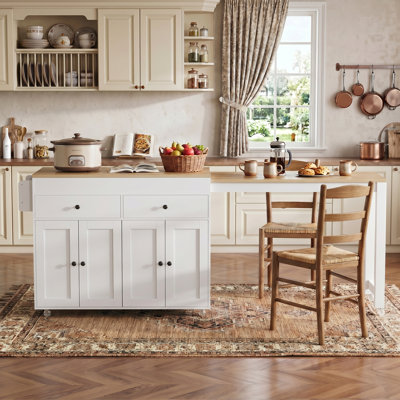 74.5" White Rolling Kitchen Island with Extendable Dining Table, Spice Rack, 2 Drawers & 4-Door Storage Cabinet