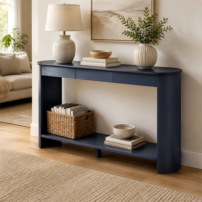 Console de style campagnard 59,8 pouces en U avec placage de chêne moderne, canapé en demi-cercle à 3 tiroirs avec tablette pour le salon, le couloir et le vestibule