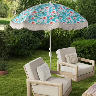 Goplus 6.5 Ft Outdoor Fringe Patio Umbrella With Carrying Bag Push Button Tilt For Garden Green