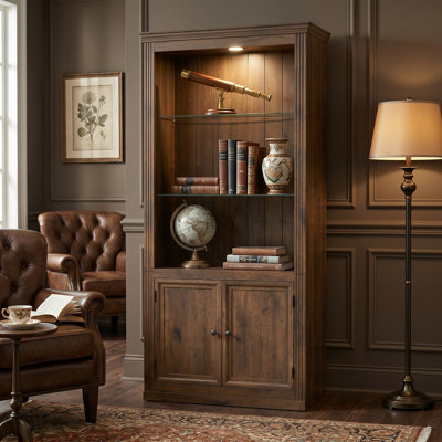 78.75-Inch Tall 4-Tier Farmhouse Display Bookcase with LED Warm Light, Storage Cabinets and Doors, Adjustable Glass Shelves, Brown Finish, for Home and Office