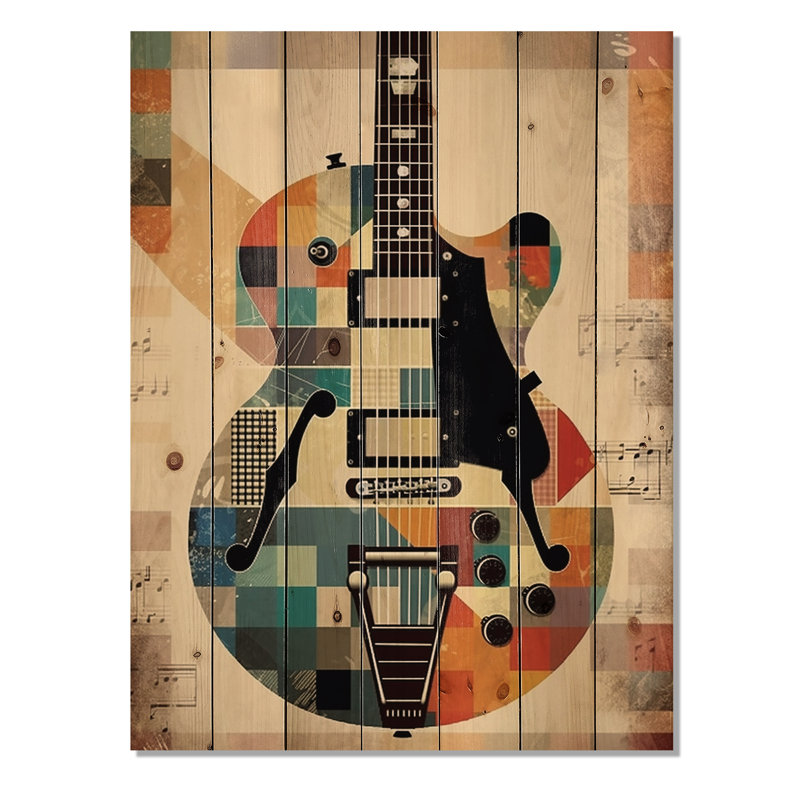 Cubisme de guitare - décor de bois musical sur bois de pin naturel, H 32 po x l 24 po