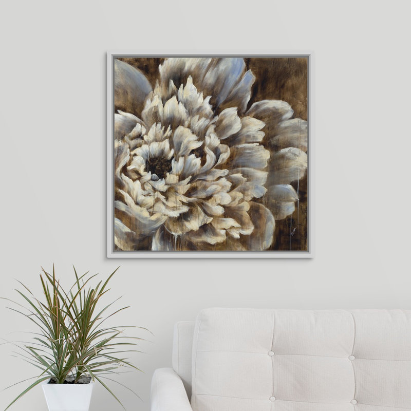 « open fleur ii », peinture sur toile, H 25,7 po x l 25,7 po x p 1,75 po, Cadre flottant blanc