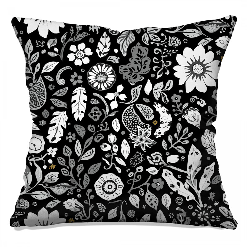 Coussins décoratifs noirs et blancs à motif floral, 16 x 16 pouces