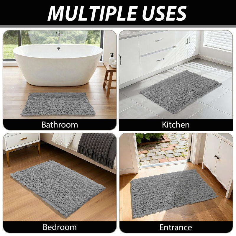 Ultra Plush Chenille Non-Slip Bath Rug, 24" L x 17" W, Gray