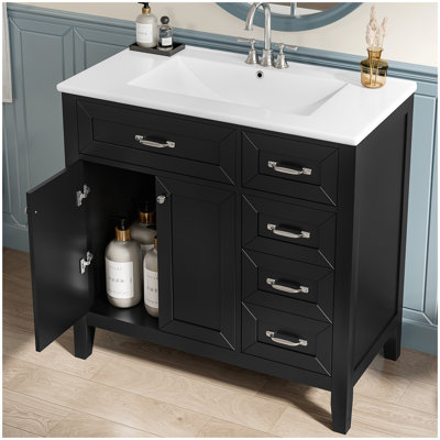 36" Bathroom Vanity with Sink Combo, Black Bathroom Cabinet with Drawers, Solid Frame and MDF Board (Old Sku:JL000007AAB-6)