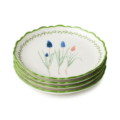Mirabella Porcelain 6-Inch Canapé Coupe Plate Set, elegant appetizer and dessert plates with floral artwork and butterflies, perfect for snacks, tastings, entertaining and coordinated table styling