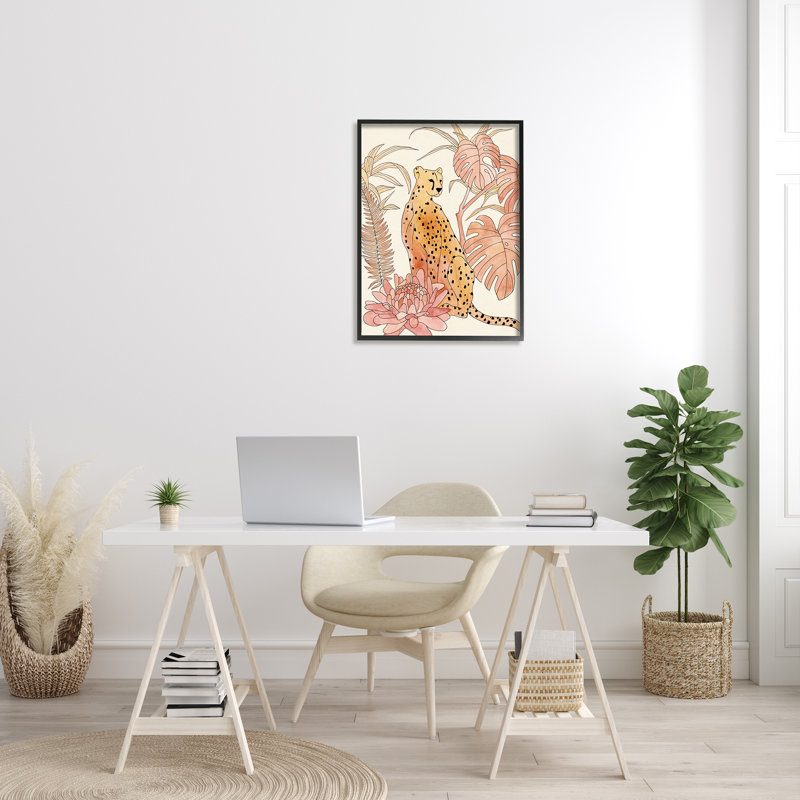 «Rosamund Poised Cheetah Tropical Blush Monstera Fern Forest», art mural sur toile par Annie Warren, H 30 po x l 24 po