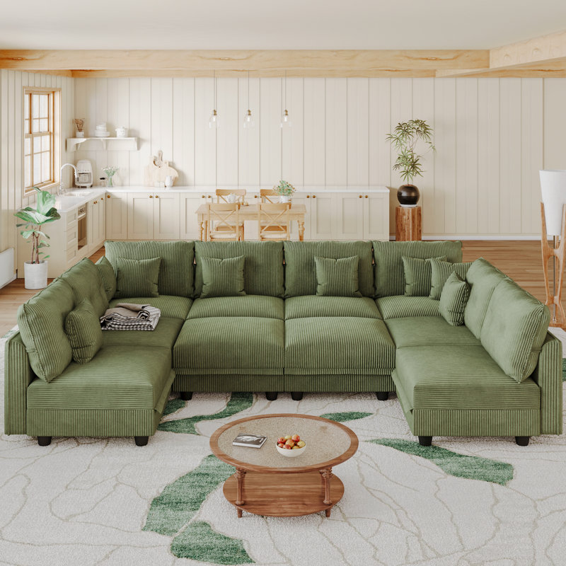 10 Seat Corduroy Convertible Modular Sectional Sofa With Storage, 8 Back Cushion 8 Throw Pillow, Green Corduroy