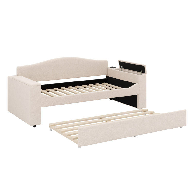 Upholstered Daybed With Storage Armrests, Trundle Bed And Latest Integrated Bluetooth Audio System, Beige