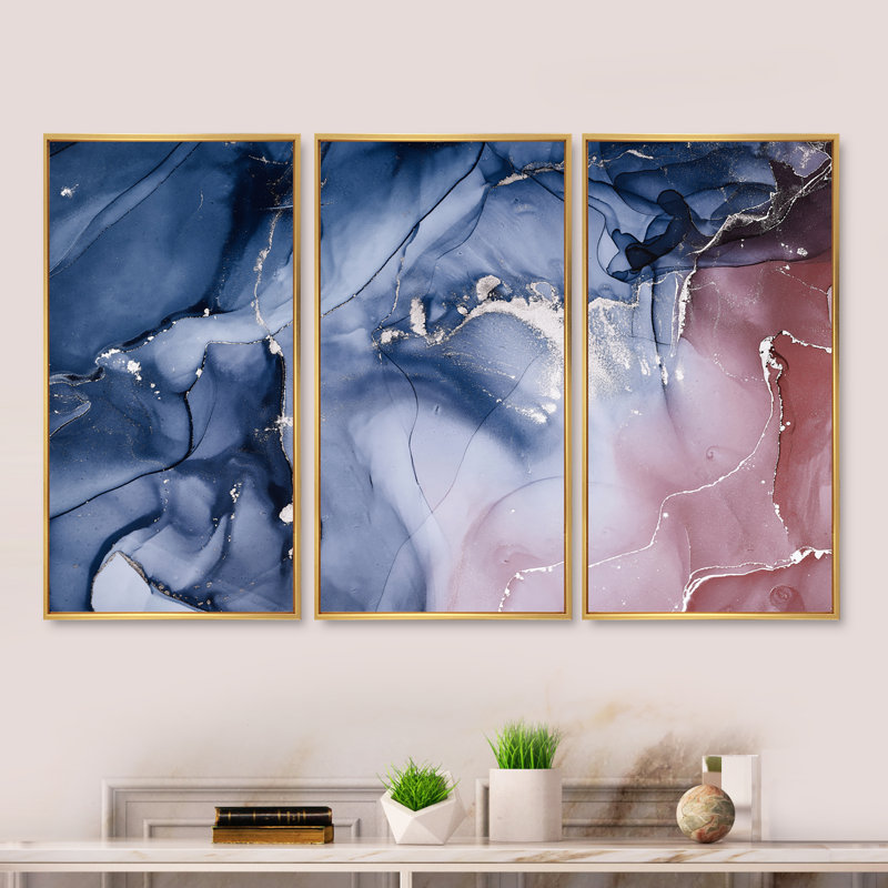 «Blue and Pink Marble Ink Clouds V», ensemble de 3 impressions sur toile à cadre flottant, Encadrement doré