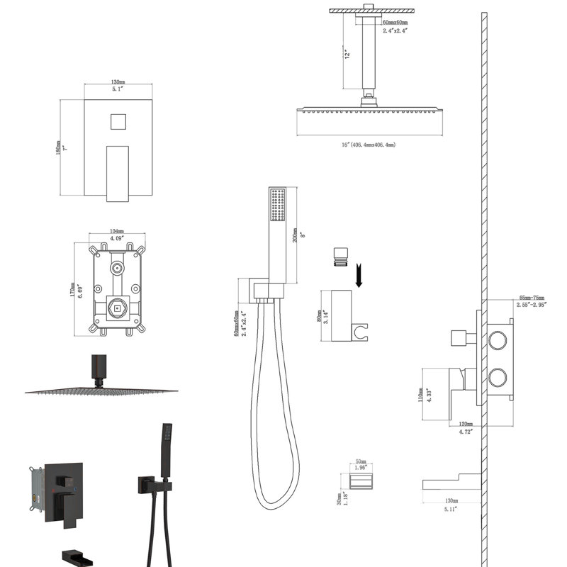 Shower System With Tub Spout & 59" Hose - Stainless 16 Inch Waterfall Easy Installation Bronze