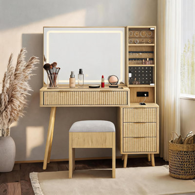 Modern Fluted Vanity Desk with LED Lighted Mirror, Glass Top, Storage Drawers & Built-In Charging Station with Cushioned Stool for Bedroom