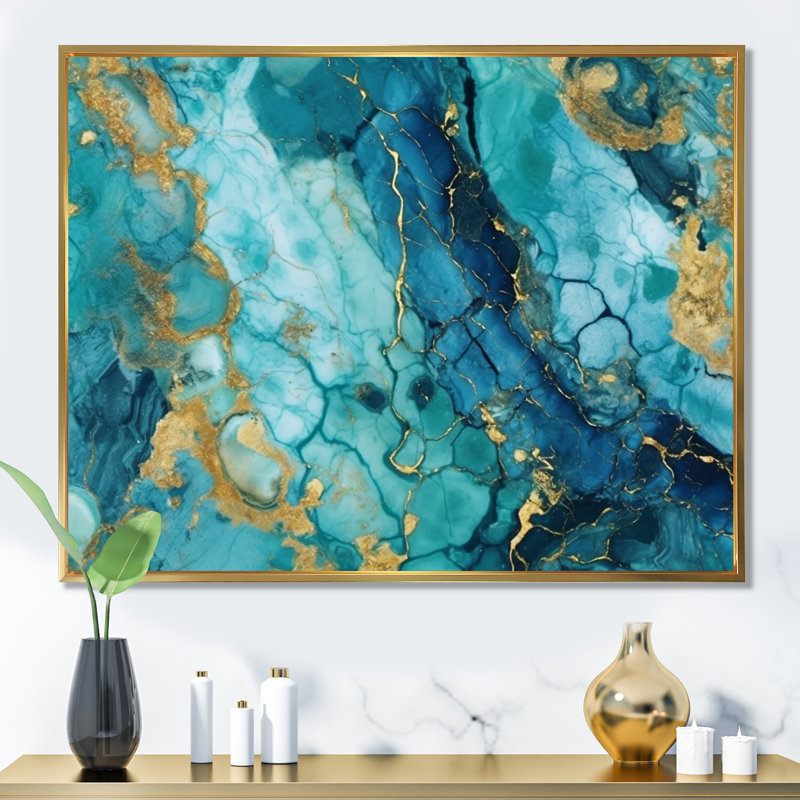 Turquoise luxueux, art fluide abstrait VII - Art abstrait encadré, H 30 po x l 40 po x P 1,5 po, Cadre flottant doré