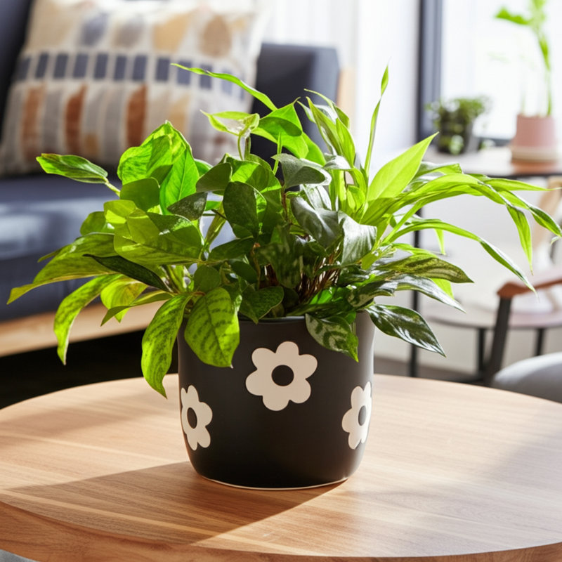 Sagebrook Home 6" Flower Power Planter, Black/White, Black White