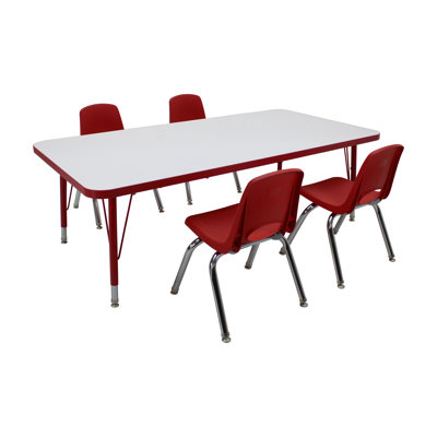 30" x 60" Rectangle Dry-Erase Activity Table with Standard Legs and 12" Stack Chairs with Swivel Glides, 5-Piece Set - Whiteboard/Red