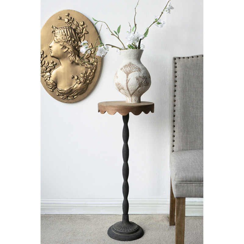Round Side Table Redesigned With Black Iron And Brown Scalloped Wood, As Plant Stand, 11.9x11.9x29.5 Inches, 5.6 Lbs, Assembly Needed Earthy Top, Stand Or Display, Required