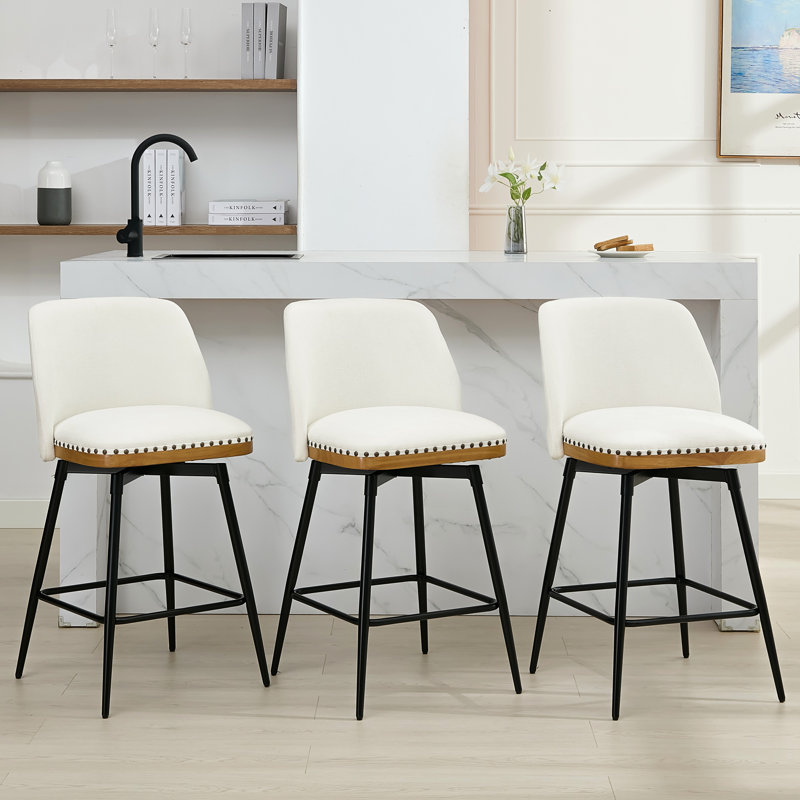 Swivel Upholstered 26" Counter Stools With Wood Trim, 3
