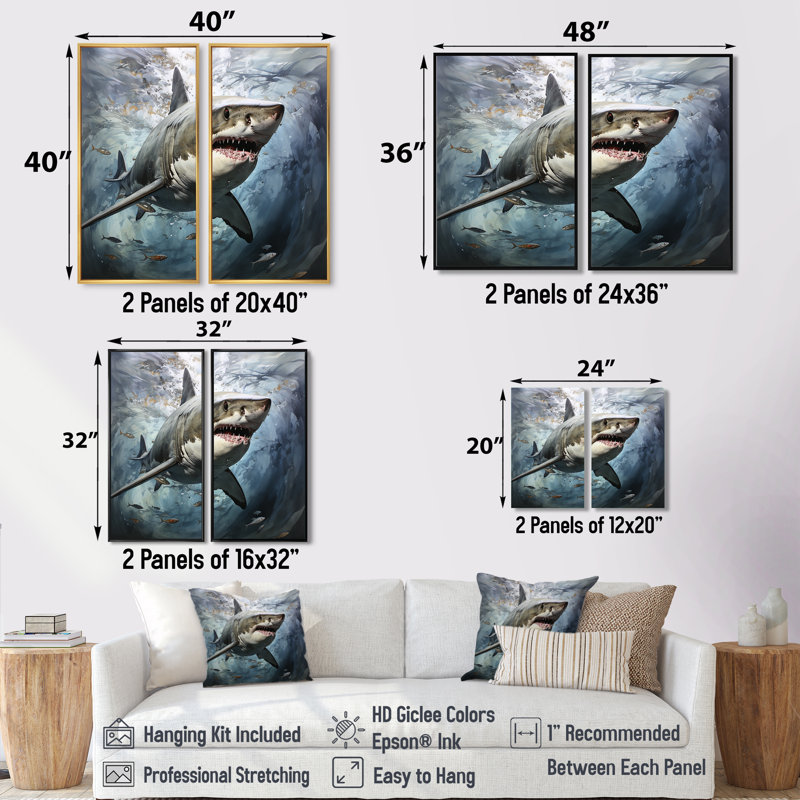 Requin gris «Silent Hunter II» - art mural gris, H 36 po x l 48 po, Impression encadrée flottante, Doré