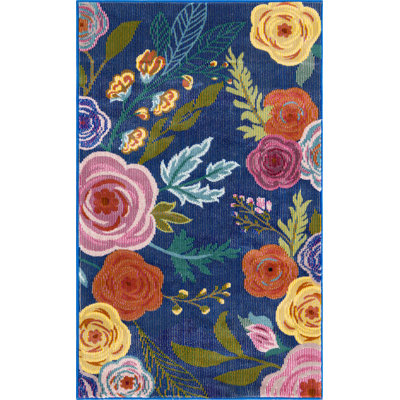 Tapis champêtre et floral de couleur bleu-rouge