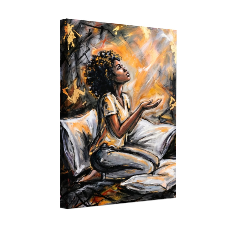 Femme abstraite en prière sur fond vibrant, H 36 po x l 24 po