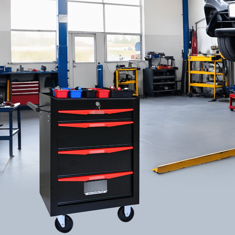 Armoire de rangement à outils roulante en acier avec 4 tiroirs - Glissières à roulement de 20 po, noir et rouge, outils supplémentaires 4 glissières en métal, acier noir et rouge, fonction de verrouillage universel