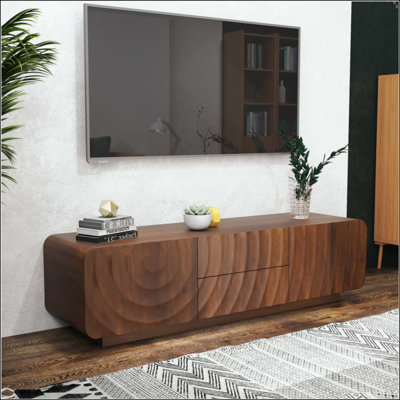 Console de télévision avec un design en spirale unique et moderne avec armoire de rangement et meuble télé à 2 tiroirs pour le salon, la chambre à coucher