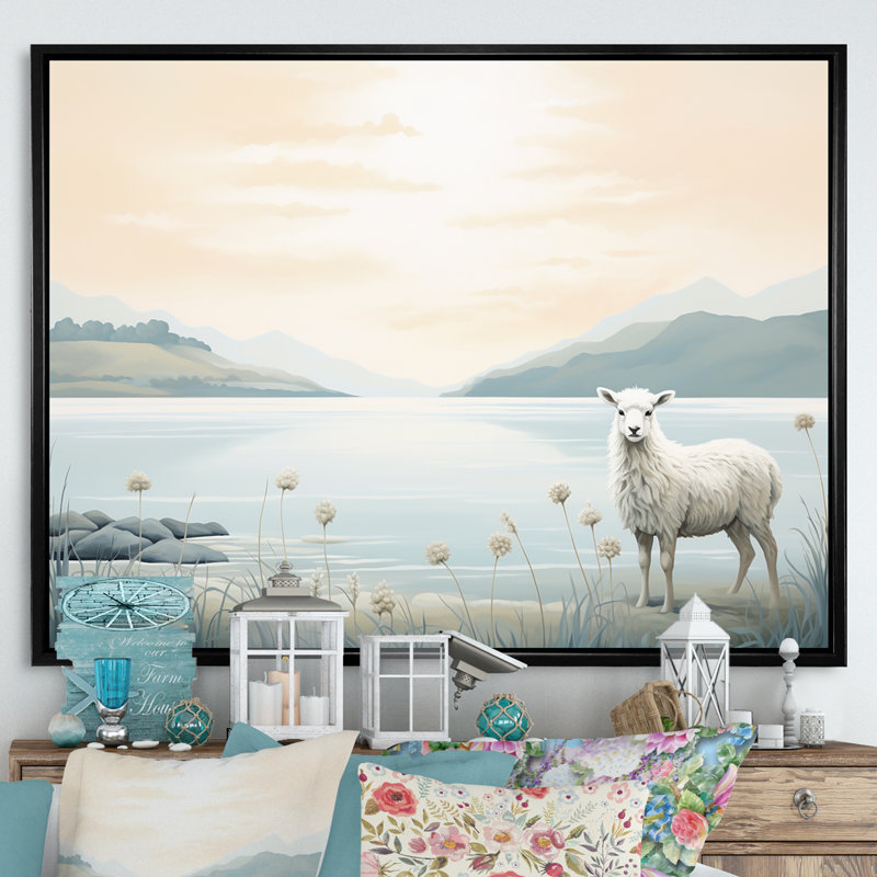 Minimalisme, moutons sur la plage I - impressions sur toile de moutons, Cadre flottant noir, H 30 po x l 40 po x P 1,5 po
