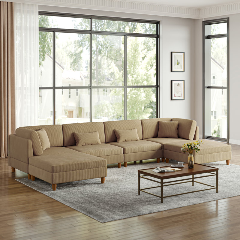 Seemab 6 - Piece Upholstered Camel Corduroy Modular Sectional with Pillow Back and Removable Ottoman, Camel