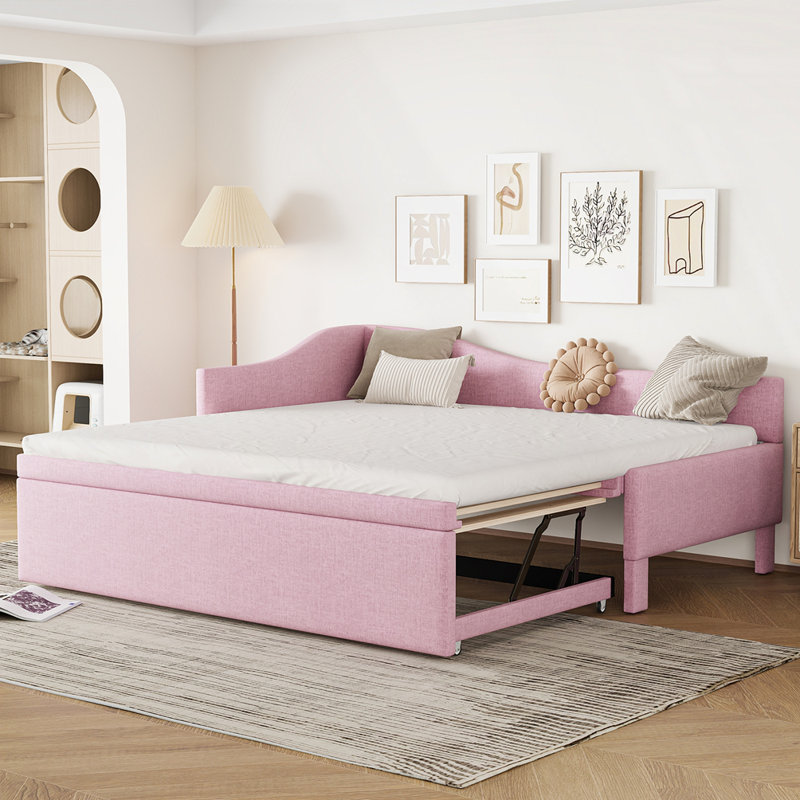 L-Shaped Upholstered Daybed With Pop Up Trundle, Rose