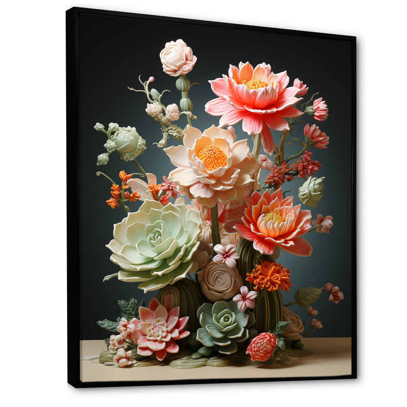 Oasis florale Bouquet IV - Fleurs, art mural, Cadre flottant noir, H 44 po x l 34 po x P 1,5 po