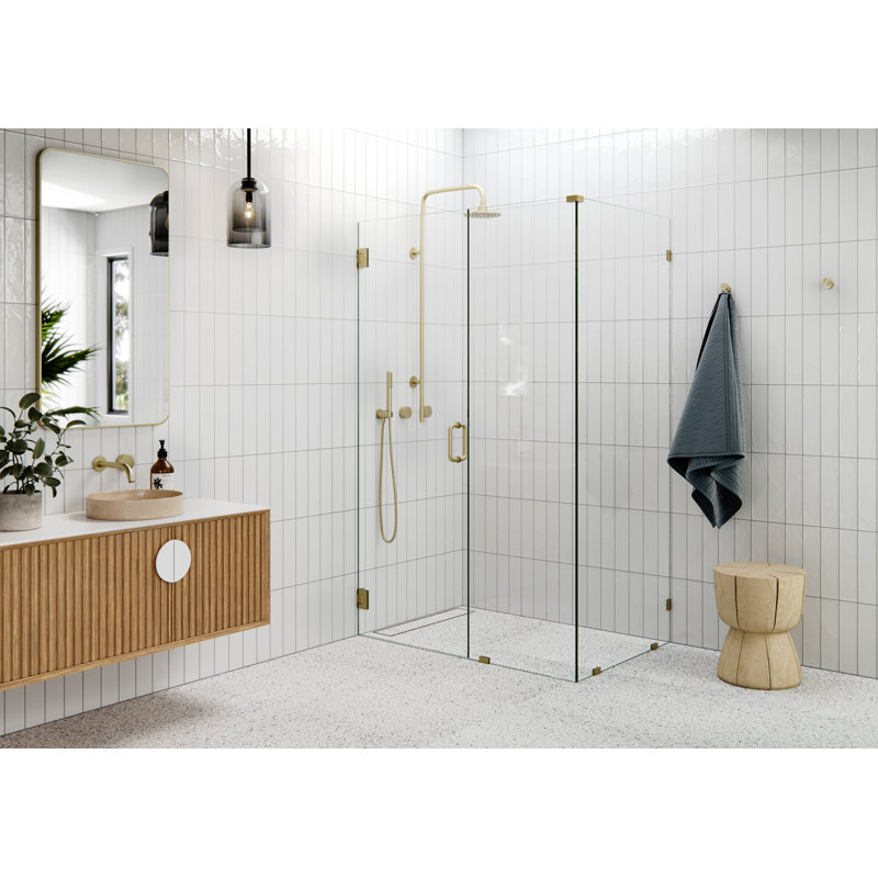 46" W Pivot Frameless Shower Door, Satin Brass