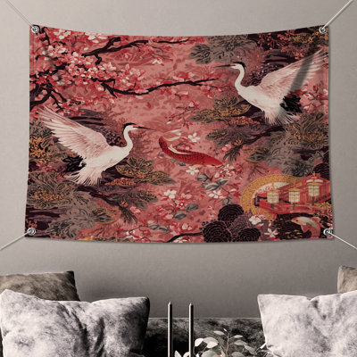 Tapisserie murale «Cherry Blossom Cranes» - Décoration murale oiseaux