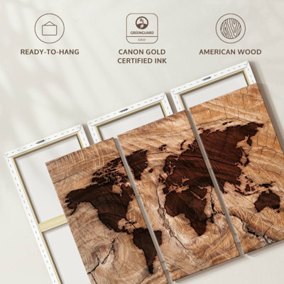 Ensemble de 3 pièces de carte du monde sur toile en bois de marque