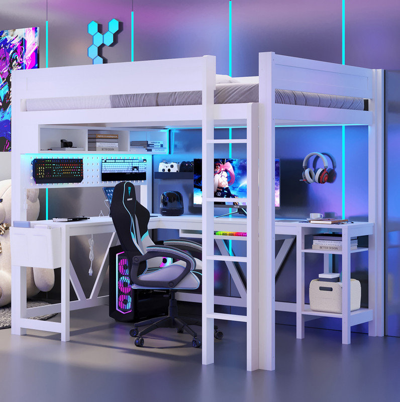 Lit mezzanine double en bois avec bureau, tablettes de rangement, DEL et station de charge, blanc, Blanc