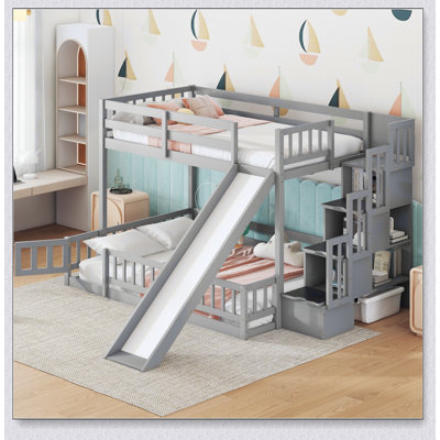 Wooden Bed Frame with Slide and Storage Staircase