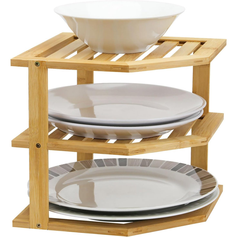 Bamboo 3 Tier Corner Shelf Unit Kitchen Plates Rack Tidy Cupboard Organiser Bathroom Desktop - Perfect Space Saving Idea