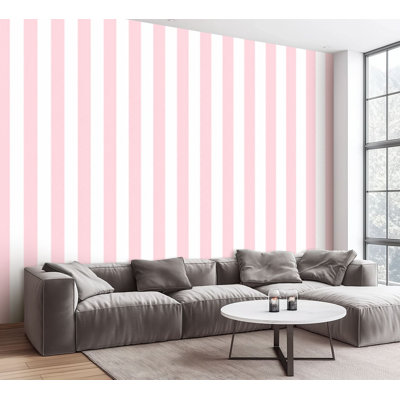 Wall Mural Peel and Stick Wallpaper Pink White Striped Self-Adhesive Removable Contact Paper Wall Decor for Living Room Bedroom 100"H x 144"W