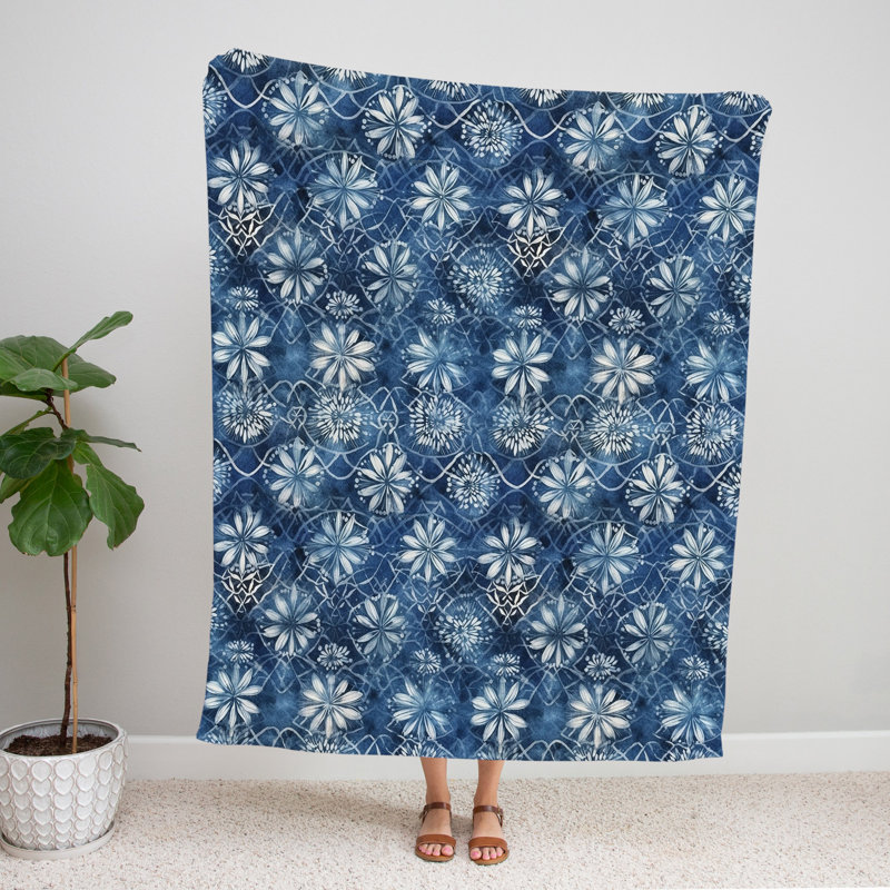Throw Blanket, 68" W x 80" L, Floral/Abstract, Blue/White/Black