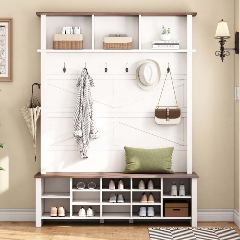 Farmhouse Hall Tree with 6 Hooks, Practical Walnut Entryway Bench with Adjustable Shelves, White