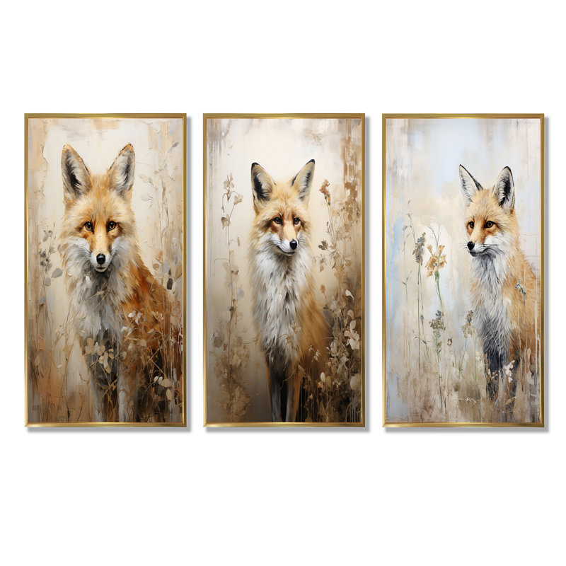 Grishaw - ensemble d'art mural sur toile 3 renards, Cadre flottant doré, H 28 po x l 36 po