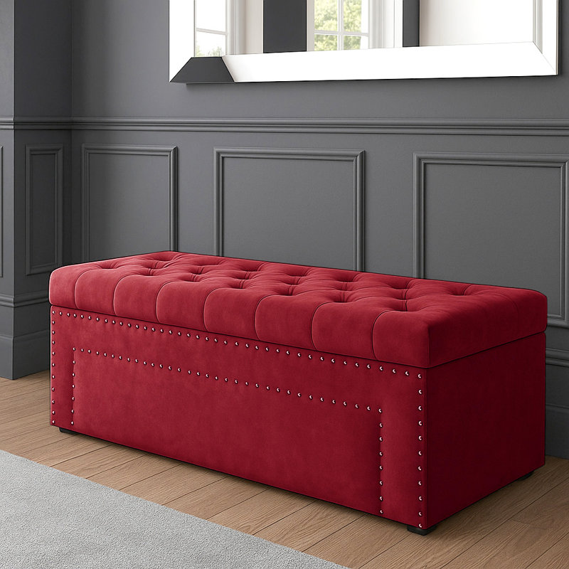 Duke Ottoman Storage Box - Chesterfield Upholstered Blanket Box - Plush Velvet Ottoman Bench with Storage, Claret Red