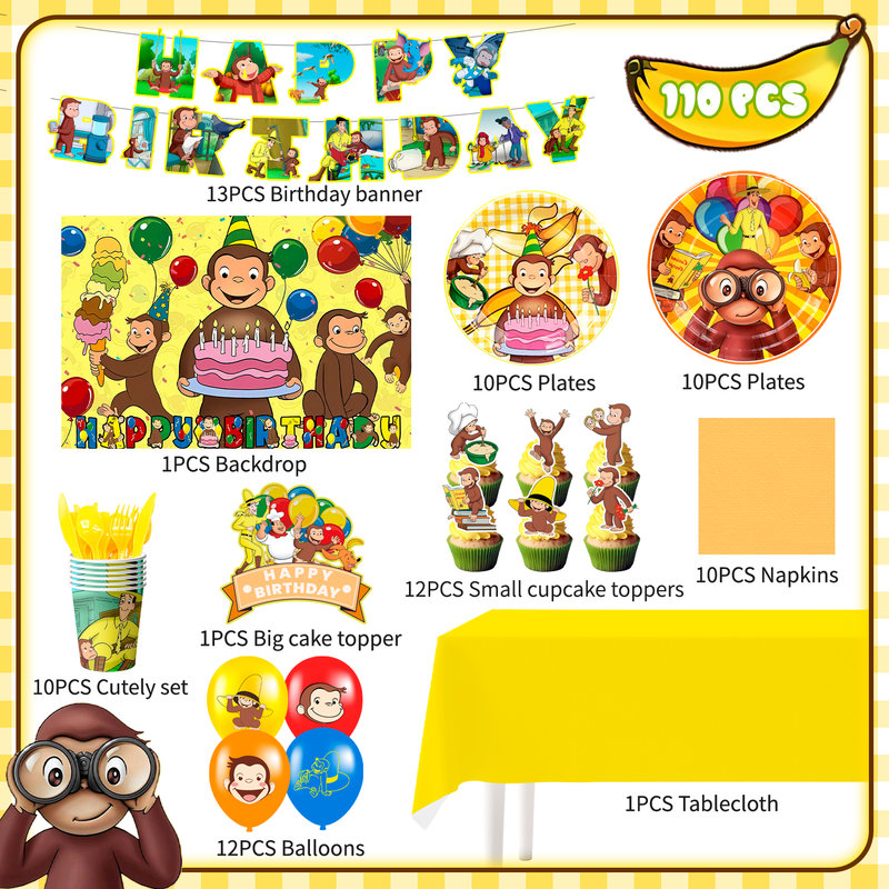 110Pcs Curious George Party Decorations & Tableware Set