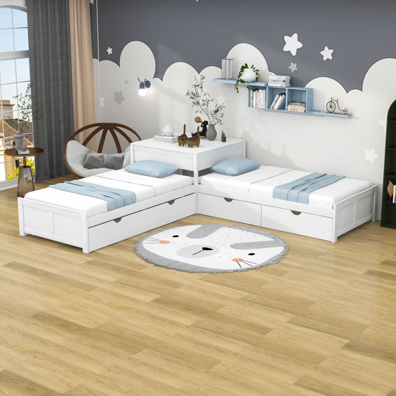 Kids Twin Platform with Trundle with Drawers, White