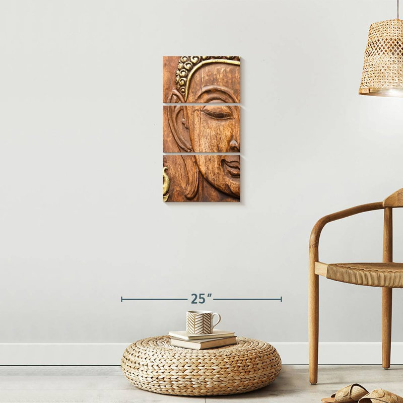 Bouddha en bois sculpté 3 pièces, H 27 po x l 12 po x P 1 po