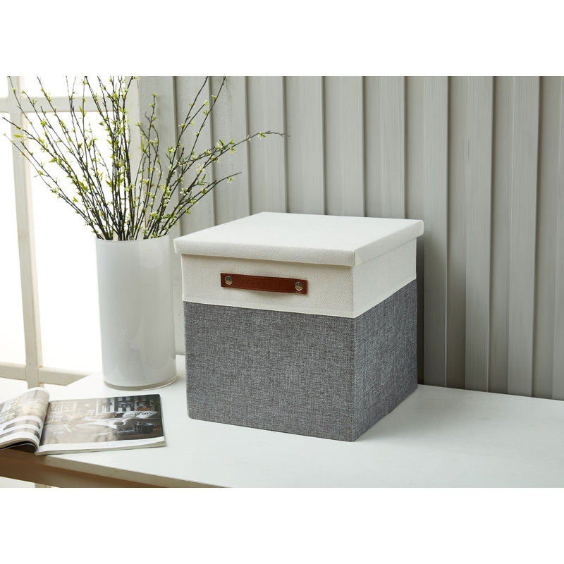 Decomomo Stackable Foldable Cube Storage  With Pu Handles Fabric Bin Set, 11" H x 11" W x 11" D, Grey/White