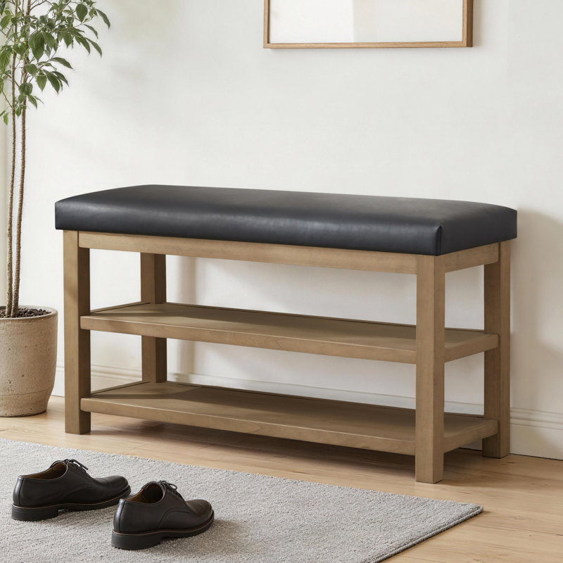 Hahnville Faux Leather Upholstered Storage Shoe Bench, Black, 54.1cm H x 117.1cm W x 35.1cm D